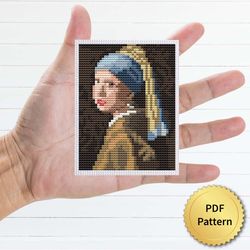 girl with a pearl earring by johannes vermeer cross stitch pattern. miniature art, easy tiny