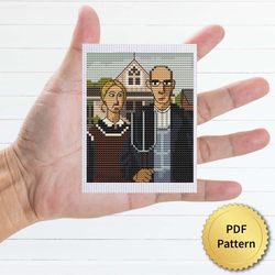 american gothic by grant wood cross stitch pattern. miniature art, easy tiny