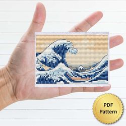 the great wave off kanagawa by katsushika hokusai cross stitch pattern. miniature art, easy tiny