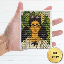 frida kahlo's self-portrait cross stitch pattern. miniature art, easy tiny
