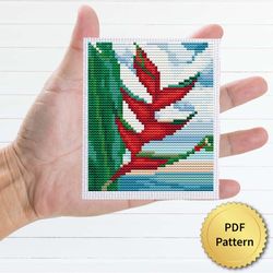 heliconia, crab's claw ginger by georgia o'keeffe cross stitch pattern. miniature art, easy tiny