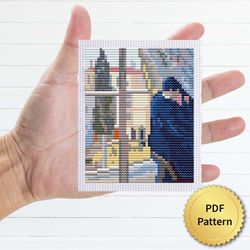 the kiss by the window by edvard munch cross stitch pattern, miniature art, easy tiny 2