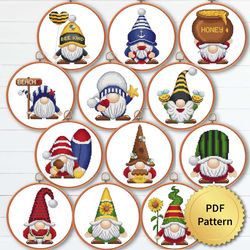 set of 12 summer gnome cross stitch pattern