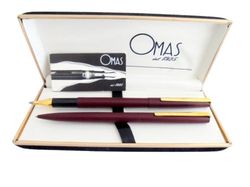 omas 80 pens set ball point pen and roller pen in steel red bordeaux color in gift box with garantee