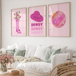 cowgirl poster set of 3, pink rodeo poster print, retro style poster, howdy poster, pink cowboy boots, trendy wall art,