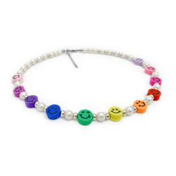 happy rainbow necklace of shell pearl beads and polymer clay smiley faces unisex