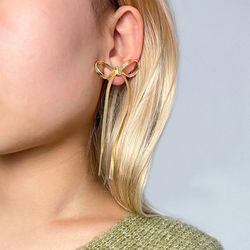 2024 new stainless steel long tassels bow dangle earrings flat snake chain bowknot ear stud minimalist hoops lightweight