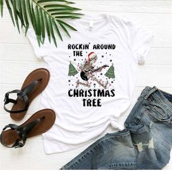 rockin around the christmas tree shirt, santa skeleton shirt, guitar lover shirt, merry christmas tee, guitarist skeleto