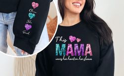 personalized mama sweatshirt, faux glitter design, sleeve printing, children name shirt, mothers day shirt, heart sweats