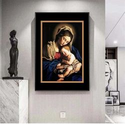 virgin mary holding jesus canvas oil painting catholic icon painting poster mother and child wall art picture home wall