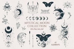 hand drawn mystical moon svg bundle, magic svg, celestial svg