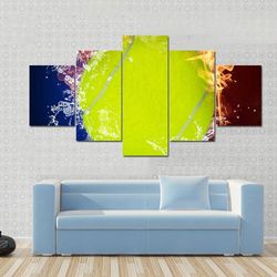 tennis ball in fire flames and splashing water  sport 5 panel canvas art wall decor