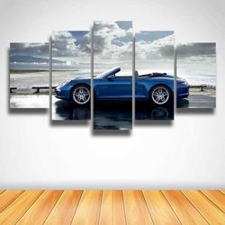 beach blue sports car  automative 5 panel canvas art wall decor