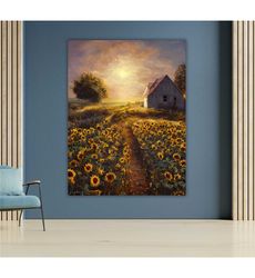 sunflower field canvas art, nature wall decor, floral