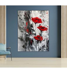 poppy flower canvas wall art, floral home decor,