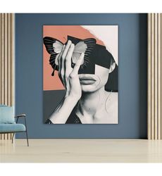 butterfly and woman canvas print, floral artwork, nature