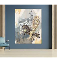 metallic zebras canvas wall art, abstract animal painting,
