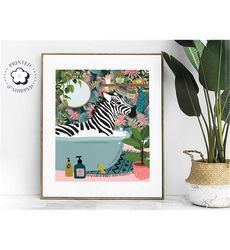 zebra in bathtub botanical animal print, maximalist animal