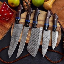 handmade kitchen chef knives set with damascus steel blades and rose wood handles