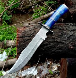 beautiful blue hunting bowie knife , damascus steel blade folding knife , best for christmas gift , gift for boyfriend