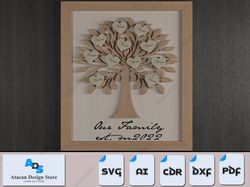 diy family tree frame - laser cut personalized names and hanging hearts 551