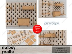 versatile pegboard set - laser cut pegboard with shelves, hooks, and boxes - home & office organizer 640