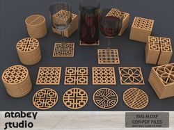 geometric pattern coaster set - laser cut square and round coasters - wood and acrylic designs 641