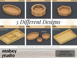 wooden serving tray set - laser cut files for round, hexagon, elipse, square trays 735