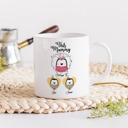 cute personalised mother s day mug - penguin family with children names