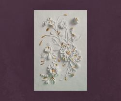 sculptural wall art white and gold floral bas-relief plaster panel botanical artwork lovely gift ready to hang