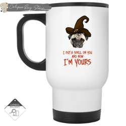 i put a spell on you pug travel mugs, custom coffee mugs, personalised gifts