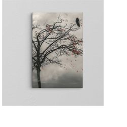 tree landscape bohemian style wall decor / surreal wall art / banksy canvas / colorful bird / oil painting picture / tre