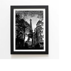 street view eiffel tower paris black white poster, eiffel tower nostalgic photo print, paris black white digital downloa