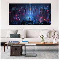 cyberpunk city canvas wall art,neo futuristic cyberpunk city canvas poster,man cave home wall decor,canvas print,living