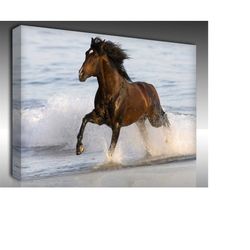 running horse canvas wall art,black horse with waves painting canvas wall art,horses wall art poster,extra large wall ar