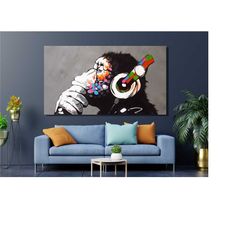 dj banksy canvas wall art print,banksy dj chimpanzee wall art decor,banksy graffiti canvas art print,kids room decor,mod