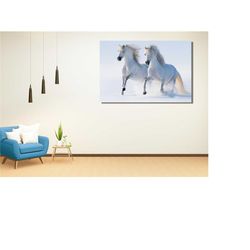 white horses canvas wall art,two white horses painting artistic canvas art,black white wall art print,extra large wall a