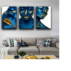 set of 3 blue shinning african vintage poster print art,african paintings canvas wall art,museum exhibition poster art,a