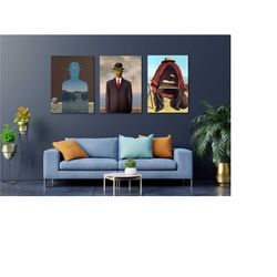 set of 3 rene magritte paintings canvas wall art,rene magritte vintage poster print art,museum exhibition poster art,ren