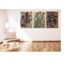 set of 3 jackson pollock paintings,red white beige canvas wall art,pollock abstract poster print,jackson pollock museum