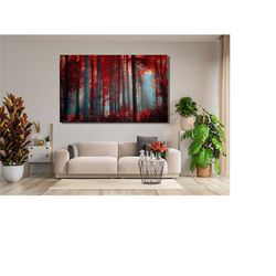 red forest trees wall art,nature forest poster,forest painting,botanical canvas wall art,red forest canvas wall art deco