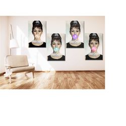 set of 4 audrey hepburn bubble gum poster print art,blowing bubble gum canvas art,lady bubble poster print wall art,fash