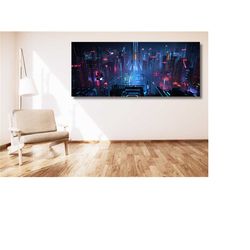 neo futuristic cyberpunk city canvas poster,cyberpunk city canvas wall art,man cave home wall decor,canvas print,living