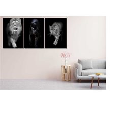 set of 3 wild animal poster/canvas art print,lion tiger leopard wall art,animal wild cats canvas painting,wildlife lion