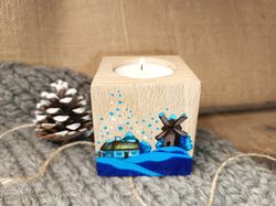 wood block candle holders, hand painted winter houses with snow, wooden tea lite christmas blocks, farmhouse christmas,