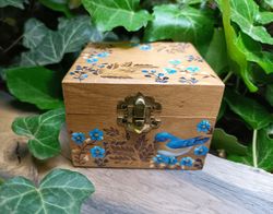 rustic wooden box with blue flowers and bird, oak box,handmade box, keepsake box, storage organisation wood box jewelry