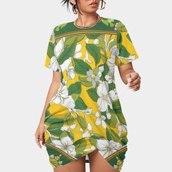 yellow and green women's stacked hem dress with short sleeve