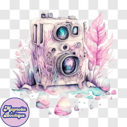 vintage camera with pink flowers and leaves png design 146