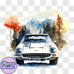 watercolor painting of vintage car in forest png design 162
