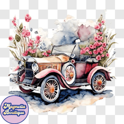 beautiful watercolor painting of a vintage car with floral decorations png design 164